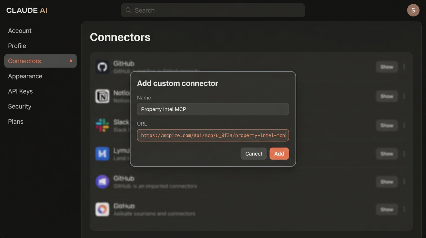 Placeholder: Claude Settings showing the Add custom connector dialog with a URL pasted